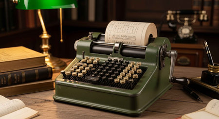 A green vintage typewriter with a paper roll on a wooden desk, surrounded by books, a lamp, and writing instruments.の写真素材
