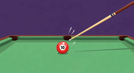 A pool cue hits a number 10 ball on a green pool table with brown rails.