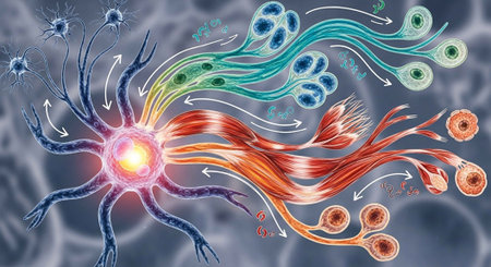 Vibrant illustration of a neuron with colorful dendrites and axons, showing cellular connections.