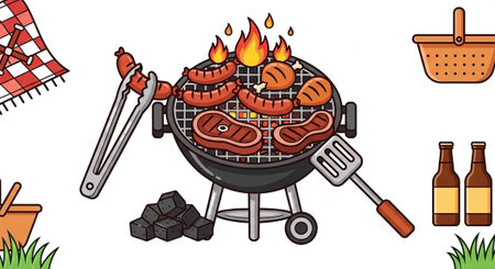 Vibrant cartoon of a grill with sizzling steaks, sausages, and hot dogs, surrounded by picnic items.の写真素材