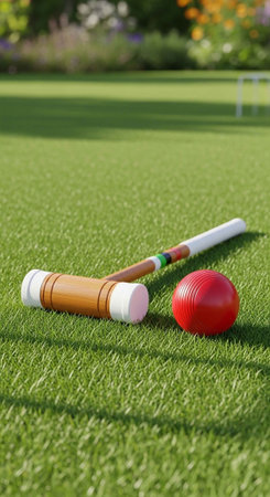 Two wooden croquet mallets and a red ball on a well-maintained green lawn.