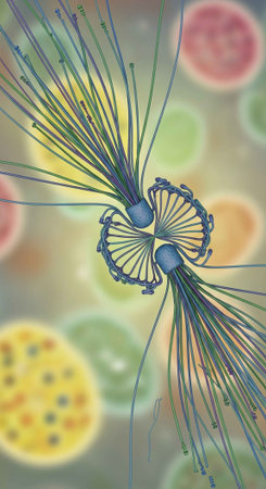 Close-up of a diatom with intricate, symmetrical structure and vibrant, blurred circular shapes in...