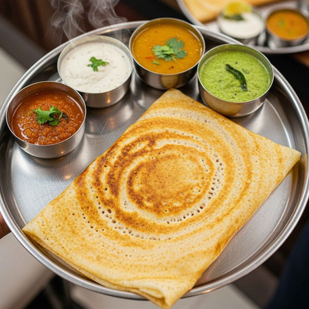 A crispy dosa with four small bowls of curry sauces on a metal tray.