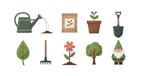 Illustrations of gardening tools, plants, and a gnome, including a watering can, seed packet, and shovel.の写真素材