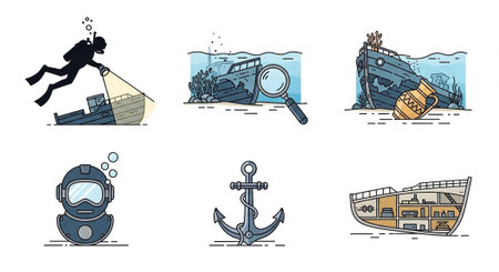Illustration of a diver exploring a shipwreck, magnifying glass, treasure, anchor, and vintage ship.の写真素材