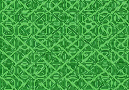 Repeating green Celtic knot design on a solid background, creating a seamless, textured pattern.の写真素材