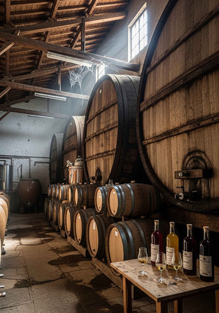 Wooden wine barrels aging in a rustic, sunlit cellar with wine bottles and glasses on a table.