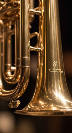 A detailed close-up of a shiny brass instrument, highlighting its reflective surface and intricate...