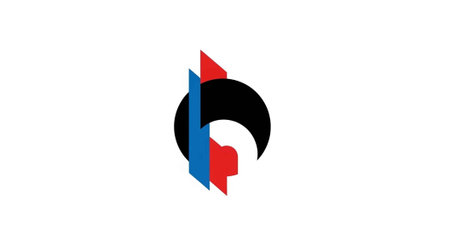 A stylized logo featuring a black circle with intersecting red and blue geometric shapes.