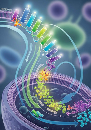 Vibrant illustration showing receptor activation and intracellular signaling with colorful molecules...