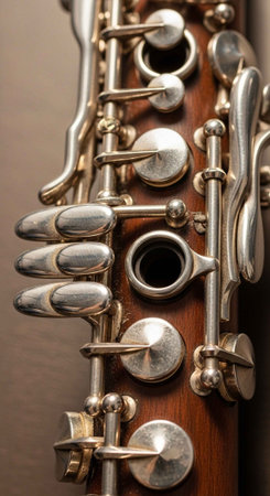 Detailed view of a silver clarinet's keys and mechanisms, showcasing intricate design and polished metal finish.の写真素材