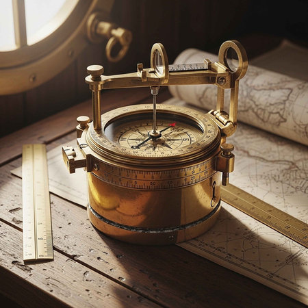 Antique brass compass with ruler and map, vintage navigation tools on wooden surface.