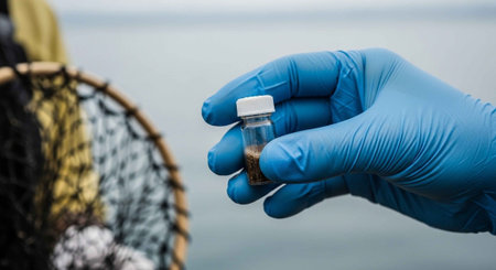 A gloved hand holding a small vial containing seaweed near the ocean.の写真素材