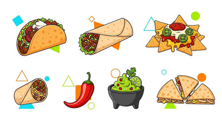 Vibrant cartoon images of tacos, nachos, guacamole, and chili pepper.の写真素材