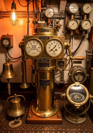 Antique ship telegraph with brass gauges, dials, and bells in a vintage engine room setting.