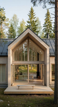 A contemporary wooden house with large glass windows, surrounded by tall pine trees in a serene forest setting.の写真素材