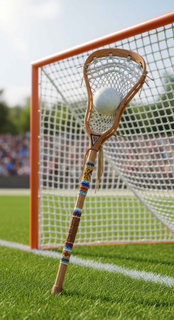 A lacrosse stick with a ball in the net, near an orange lacrosse goal on a grassy field.の写真素材