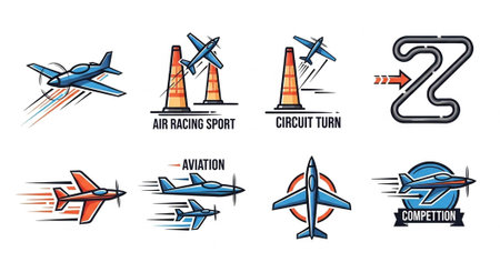 Colorful illustrations of air racing, circuit turns, and aviation competition with various aircraft.