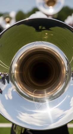 A close-up view of a shiny brass trombone bell reflecting the sky and surroundings during an outdoor...