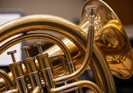 Detailed view of a brass French horn with silver valves and mouthpiece, showcasing intricate design and metallic sheen.の写真素材