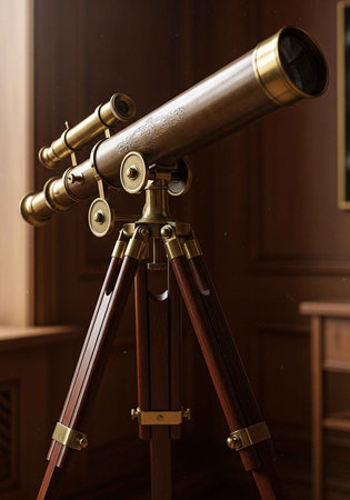 Vintage brass telescope with intricate details mounted on a wooden tripod indoors.の写真素材
