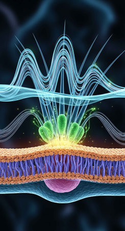 Detailed artwork of cilia protruding from a cell membrane, with wavy motion lines and cellular...