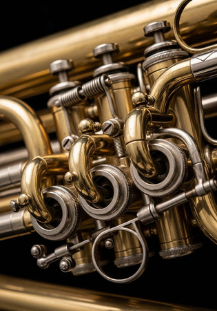 Detailed view of a brass trumpet's keys and tubing, showcasing intricate mechanical design.の写真素材