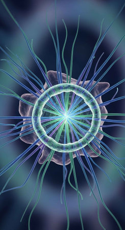 Digital art of a glowing jellyfish with a circular body and radiating tentacles.