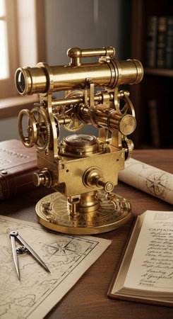 Vintage brass theodolite with compass, maps, and tools on a wooden desk.