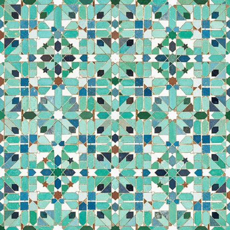 Detailed close-up of a vibrant blue and green mosaic tile wall with geometric patterns.