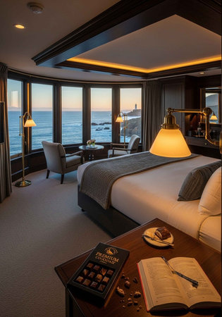 Elegant bedroom featuring a large bed, ocean view, warm lighting, and cozy seating area.の写真素材