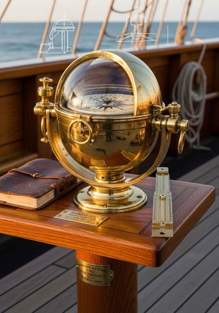 Vintage brass instrument on a wooden table with books, set on a ship's deck with ocean background.の写真素材