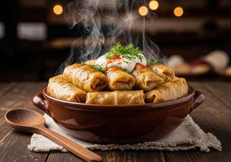 A bowl of golden-brown stuffed pastries topped with yogurt, herbs, and red spices, emitting steam on a rustic wooden table.の写真素材