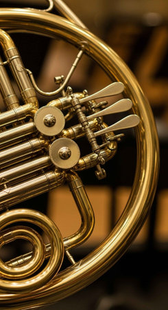 Detailed view of a polished brass French horn, focusing on the valves, tubing, and intricate...