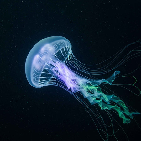 A vibrant jellyfish with glowing purple and green tentacles against a dark, starry background.