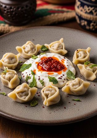 Manti dumplings arranged on a plate with yogurt, spicy sauce, and fresh herbs.の写真素材