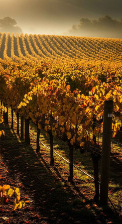 Sunlit vineyard with golden autumn leaves and rows of grapevinesの写真素材