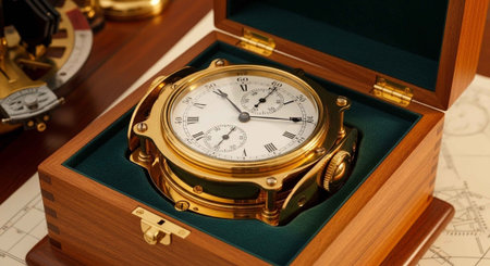 Antique-style gold pocket watch with white face and black numbers in an open wooden box with green...