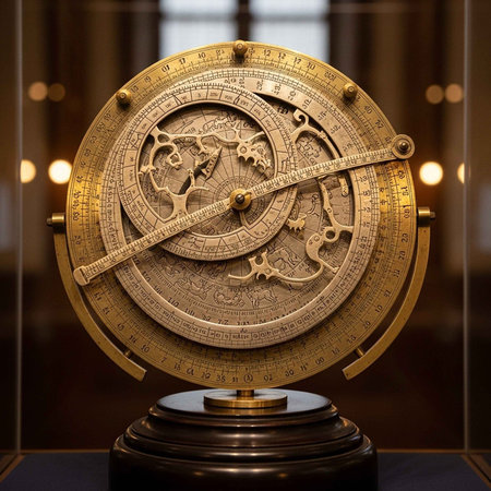 Detailed antique astronomical instrument with complex gears and markings on a stand.