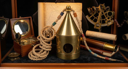 A collection of antique nautical items including a brass lantern, rope, telescope, sextant, and...