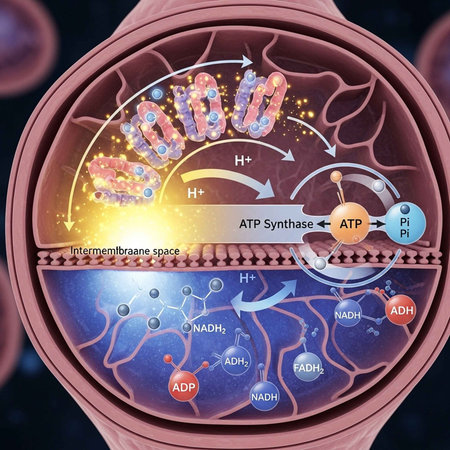 Detailed illustration of mitochondrial processes showing ATP synthase, electron transport, and proton gradient.の写真素材