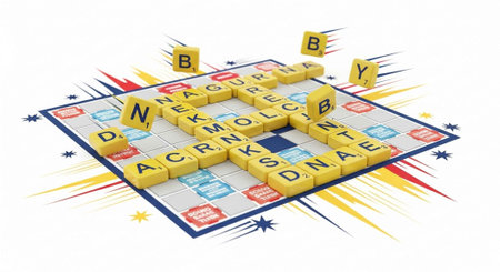 A dynamic 3D Scrabble board with yellow tiles, featuring DNA-related words and colorful stars.