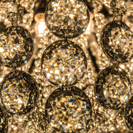 A detailed view of elegant gold-toned crystal earrings with faceted surfaces, reflecting light beautifully.の写真素材