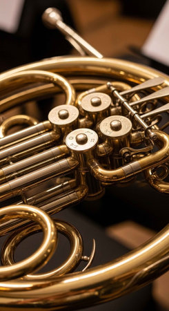 Detailed view of a polished brass French horn, showcasing valves, tubes, and intricate design.