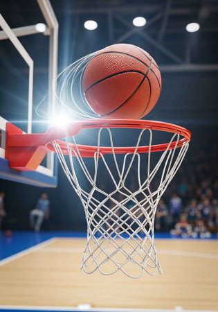 A close-up of a basketball in motion going through a hoop during a game.の写真素材