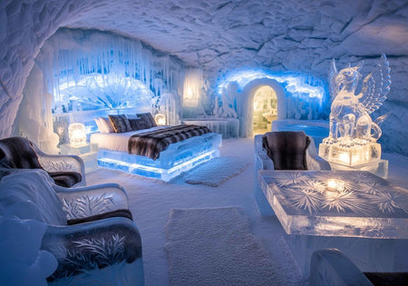 Elegant ice hotel room featuring a bed, chairs, and ice sculptures with blue lighting.