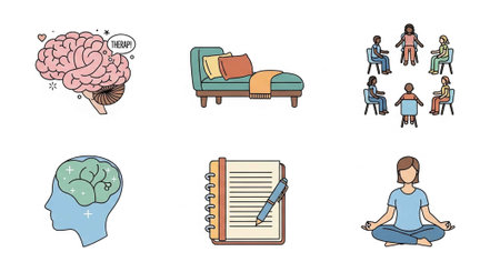 Illustrations of mental health concepts, including brain, therapy, meditation, and note-taking.