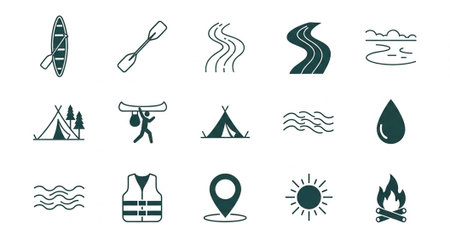 Simple black and green line icons of camping, paddling, and nature elements.の写真素材