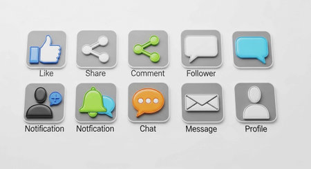 A collection of social media icons representing like, share, comment, follower, notification, chat,...