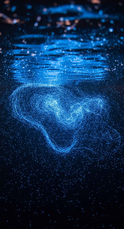 Close-up of glowing blue bioluminescent plankton in dark ocean water, creating a mesmerizing,...